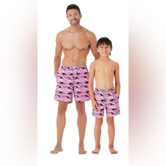 Men's Shark Pattern Board Shorts - Pink and Navy - Picture 4 of 8